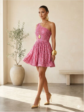 FAERIESTY Pink Sequin One Shoulder Mini Dress Size S Barbiecore Party Cocktail